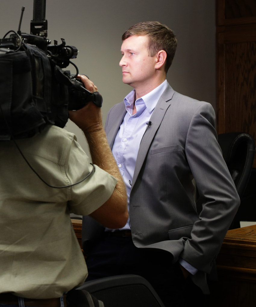 Blount County Commission Chairman Bradley Harvey takes questions from Birmingham news media after the vote. Photo by Kristin Yarbrough.